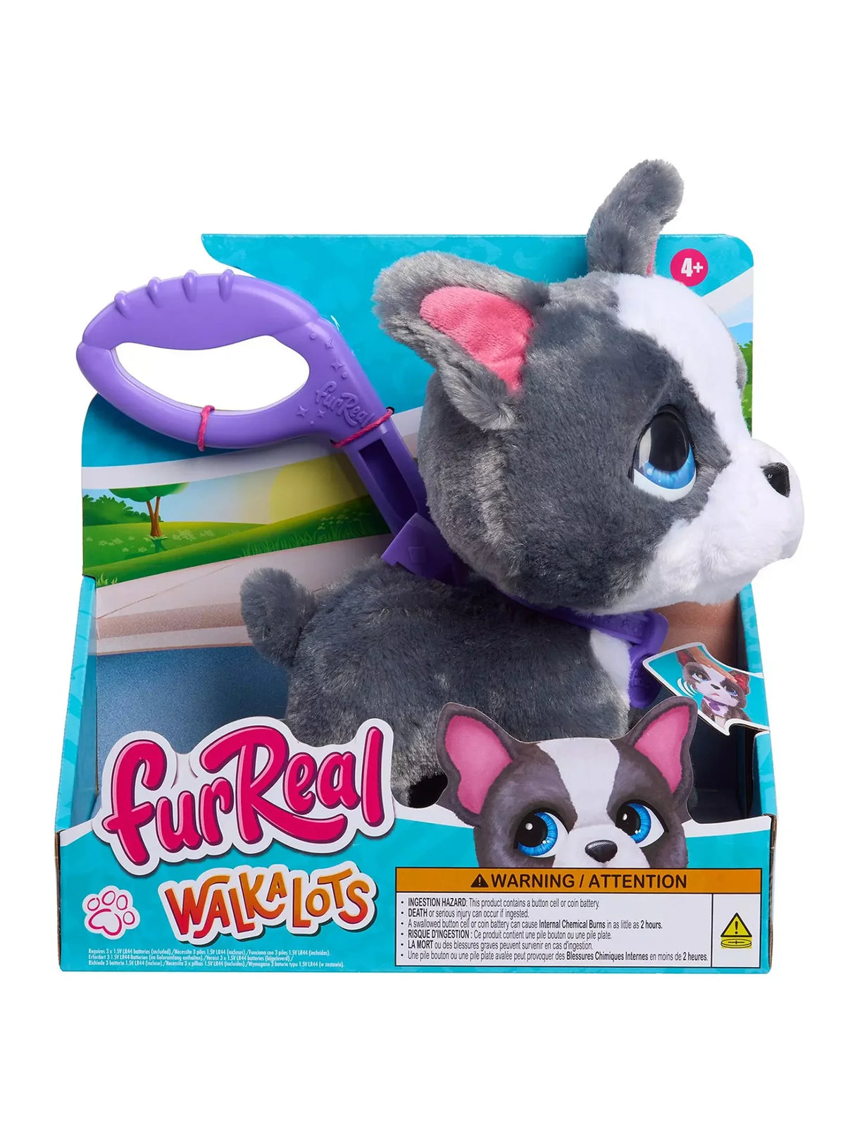 FurReal Friends Walk-a-lots Frenchie in packaging with leash handle in Ireland