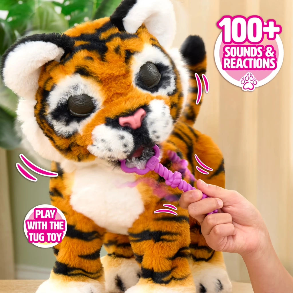FurReal Gabby the Grow & Roar Tiger biting the purple tug toy with eyes closed