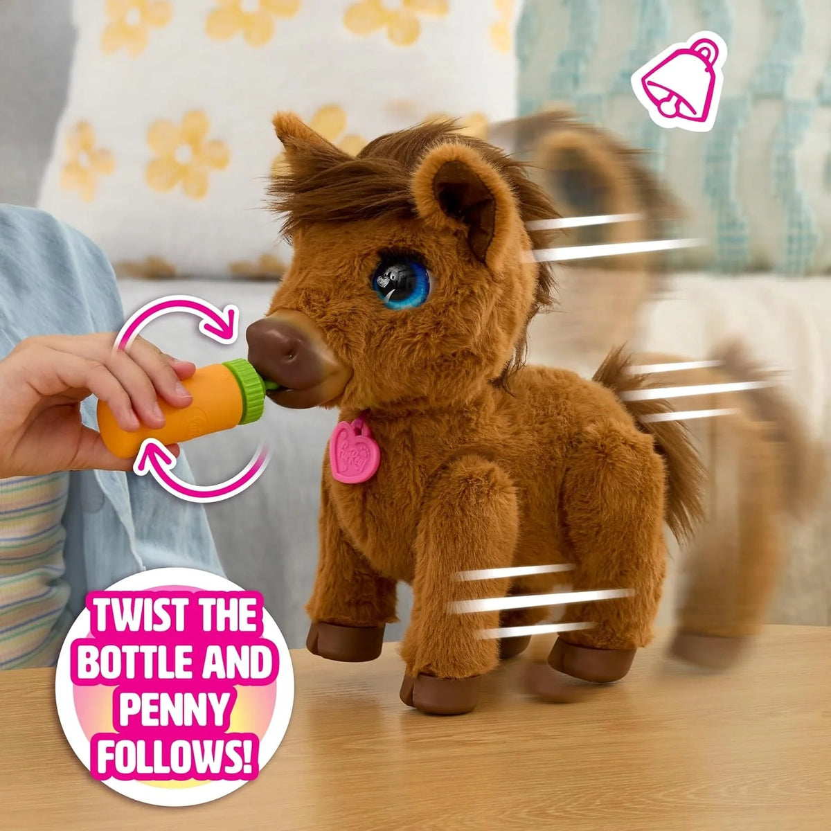 FurReal Penny Feed & Prance Pony following the feeding bottle