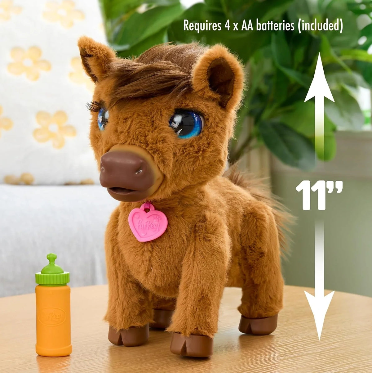 FurReal Penny Feed & Prance Pony showing 11 inch height and feeding bottle