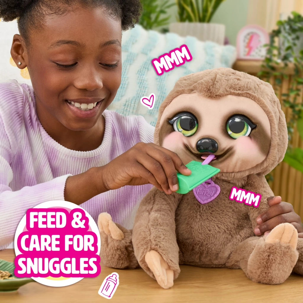 FurReal Snuggles the Smiling Sloth being fed with the green juice pouch