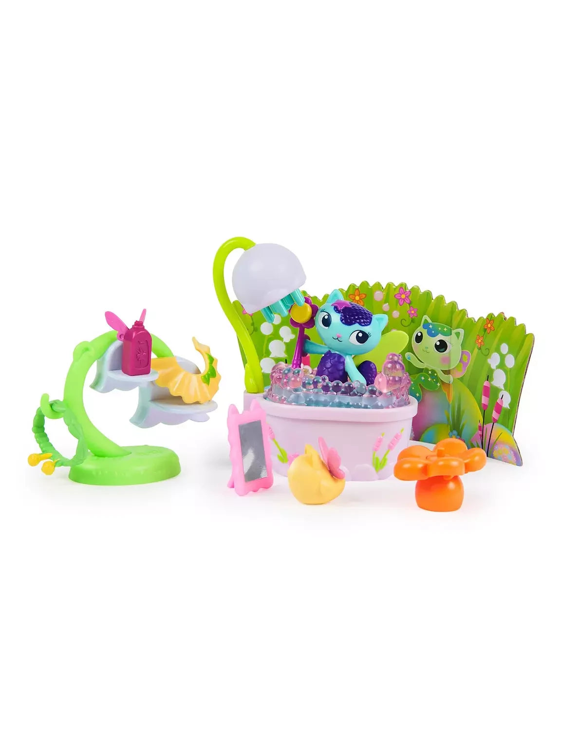 Complete MerCat's Fairy Bathroom set with MerCat in the lavender bubble bathtub, white shower head, green bathroom stand, pink mirror, orange flower seat and accessories