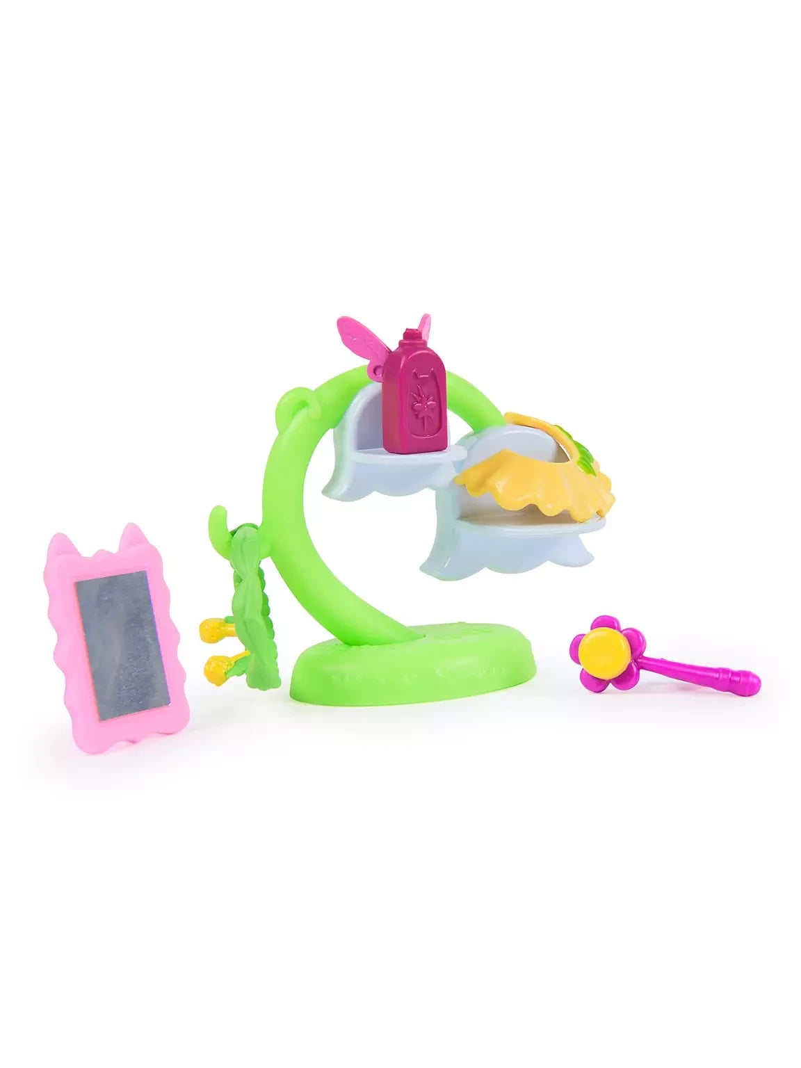 Green curved bathroom stand with pink bottle, yellow shell-shaped seat, pink cat-shaped mirror and purple flower brush