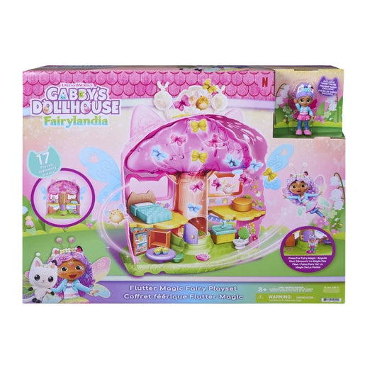 Gabby's Dollhouse Fairylandia Flutter Magic Fairy Playset packaging showing the pink playset and Gabby figure