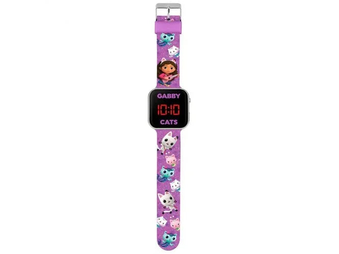 Full-length Gabby’s Dollhouse LED watch showing purple printed strap with cats and Gabby in Ireland
