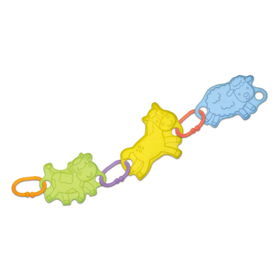 Three Galt Linkies animal shaped baby teethers connected together with coloured C shaped linking rings, forming a linked chain on a white background