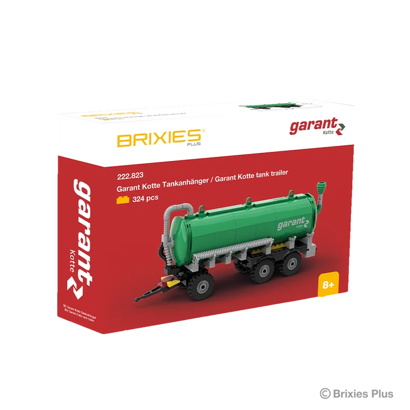 BRIXIES Plus Garant Kotte Slurry Tanker building set shown in its red and white box with 324 pieces stated on the packaging