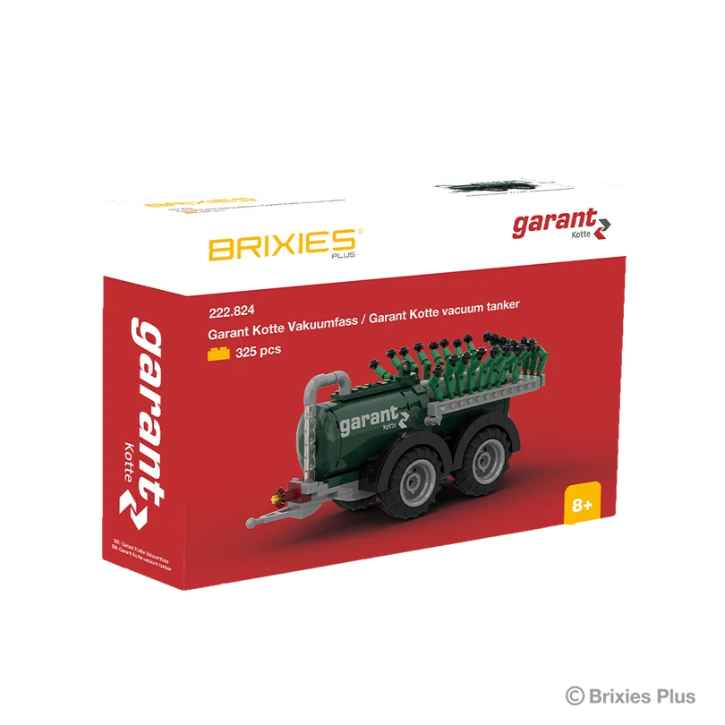 BRIXIES Plus Garant Kotte Vacuum Tanker building set shown in its red and white branded box with 325 pieces stated on the packaging