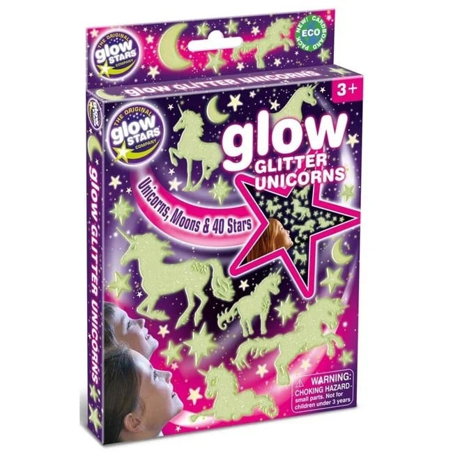Glow Glitter Unicorns wall sticker set box close-up with stars and moons visible