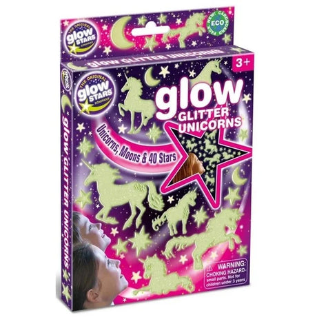 Glow Glitter Unicorns wall sticker set box close-up with stars and moons visible