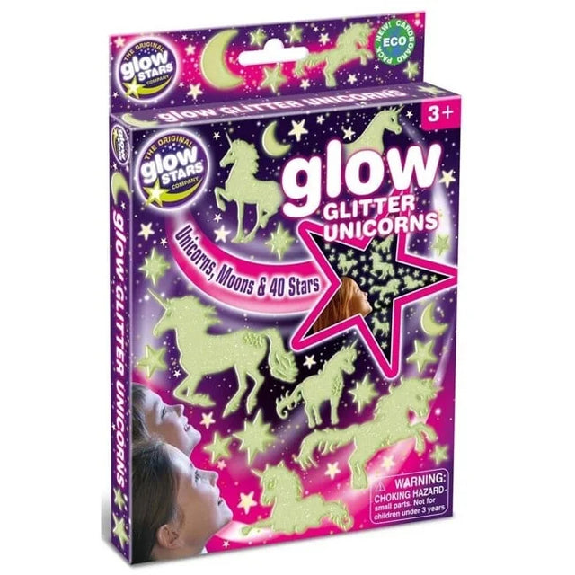 Glow Glitter Unicorns wall sticker set box with glowing unicorns, stars and moons