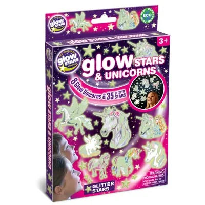 Front packaging of Glow Stars and Unicorns Set featuring illustrated glowing unicorns and glittering stars