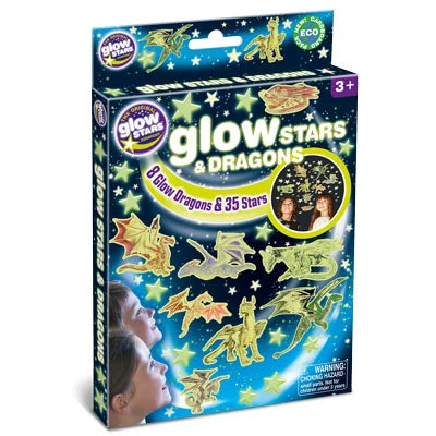 Glow in the Dark Stars and Dragons wall sticker set box showing stars and dragon designs