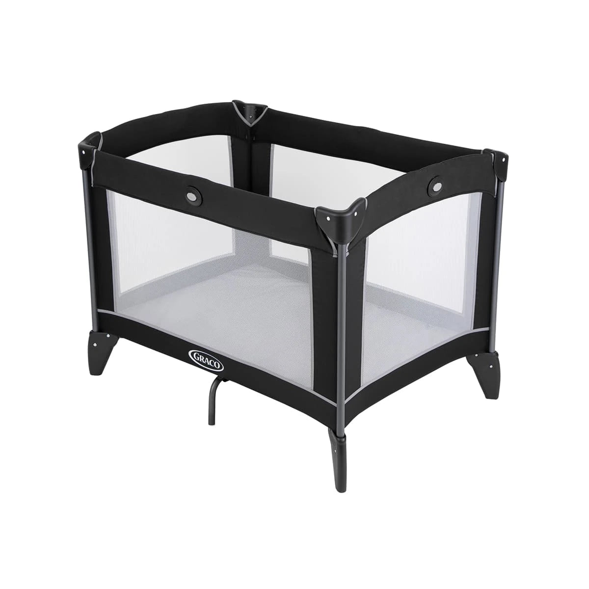 Graco Compact Travel Cot black and grey three quarter view with mesh sides and mattress