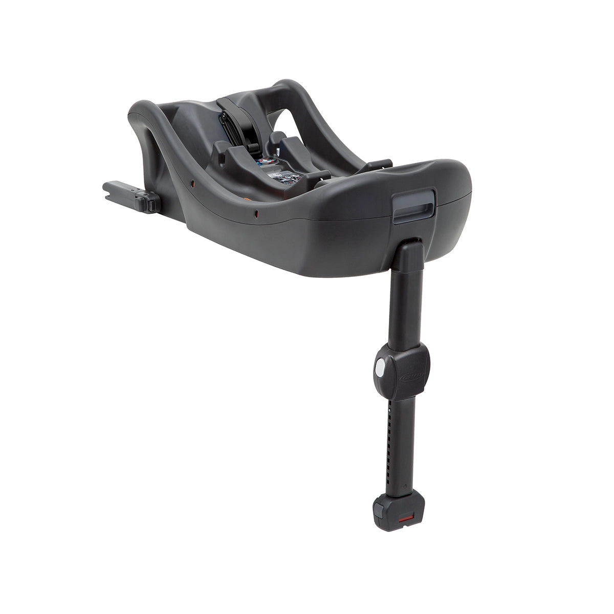 Graco SnugLite i-Size R129 ISOFIX car seat base in black shown at an angle with ISOFIX connectors and extended load leg visible