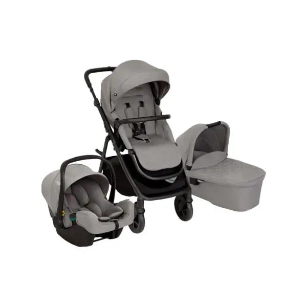 Graco Near2Me DLX Trio Travel System showing pushchair frame with carrycot and infant car seat included, finished in grey fabric with black chassis and four wheel base