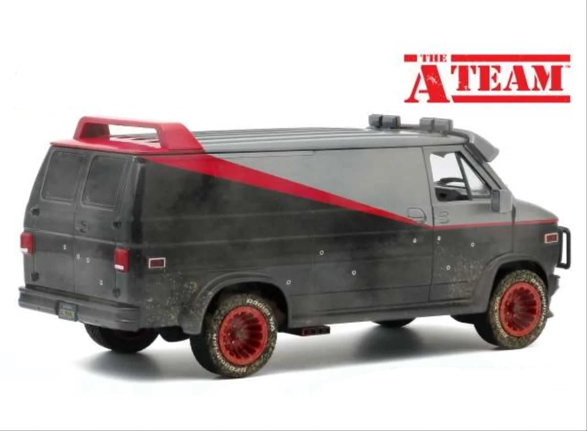 GreenLight The A-Team 1983 GMC Vandura Weathered rear three-quarter view showing weathering, bullet hole marks and red wheels