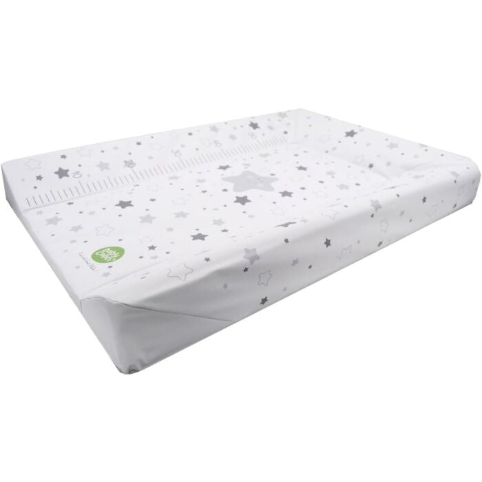 Grey stars baby changing mat shown from angled side view with raised padded edges, contoured shape and white surface with grey star print