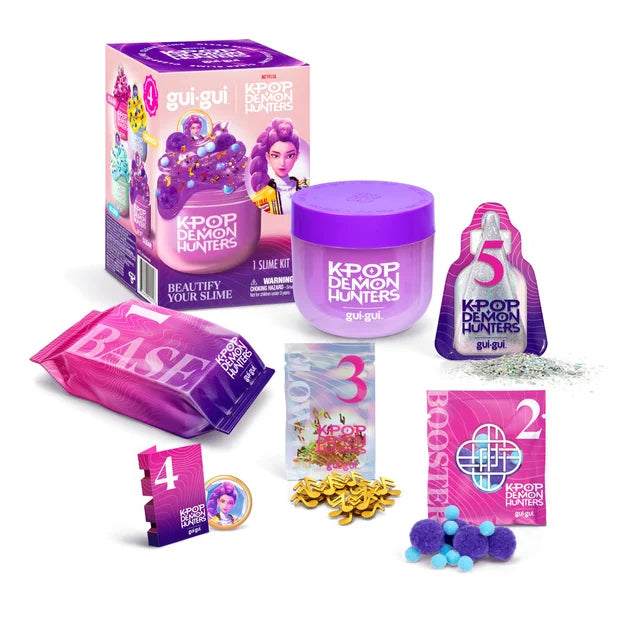 Gui Gui KPop Demon Hunters Rumi Single Pack contents showing purple slime, container, decoration packs, collectible piece and retail box