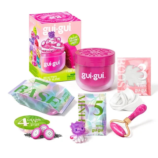 Gui Gui S2 Fruity Glow Single Pack contents with box, slime tub, deco packs, tool and purple figure