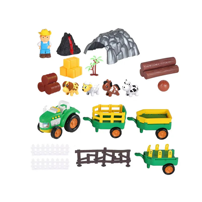 Happy Farm toy tractor playset with trailers, animals, farmer figure, fences and farm accessories on white background.