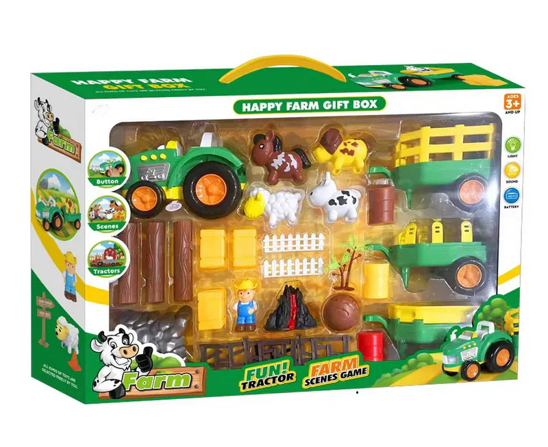 Happy Farm tractor and animals toy set packaged in colourful retail gift box with window and green farm design.