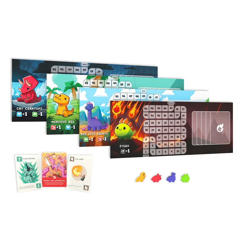 Layout showing player boards, dino meeples and cards from Happy Little Dinosaurs – Ireland