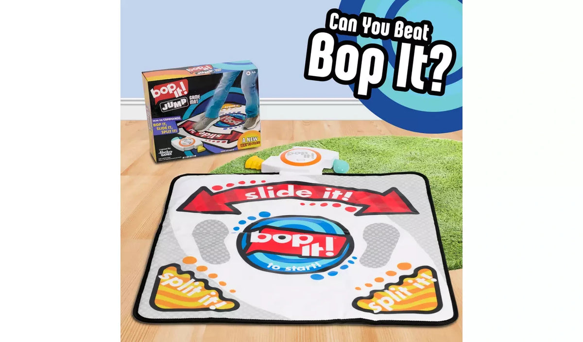 Hasbro Bop It! Jump Game Mat displayed beside its retail packaging