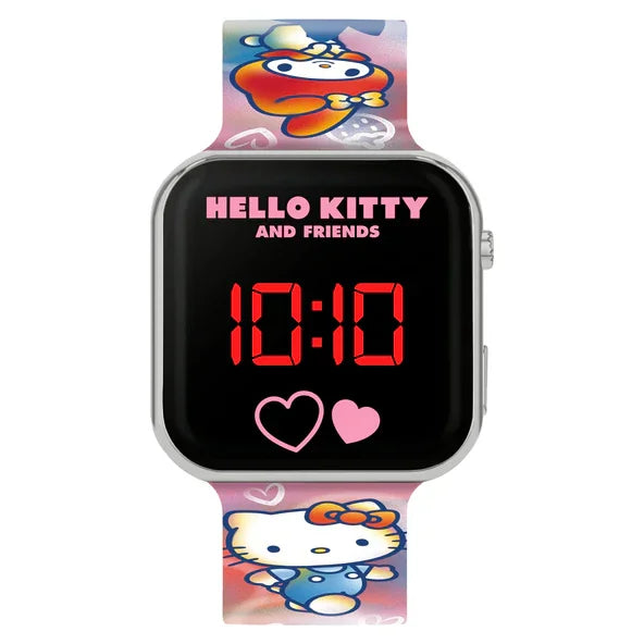 Close-up of Hello Kitty & Friends LED watch face with hearts and red time display in Ireland.