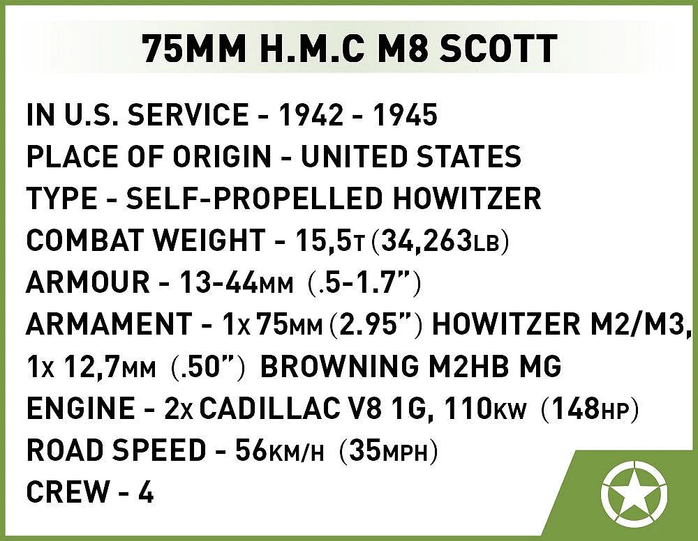 H.M.C M8 Scott historical specifications card with service, armour, armament and engine details
