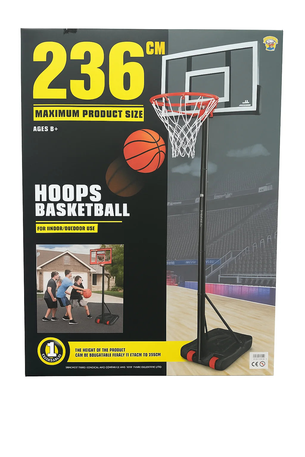 Front packaging of the Hoops Basketball 2.36 m set showing hoop, ball and features in Ireland