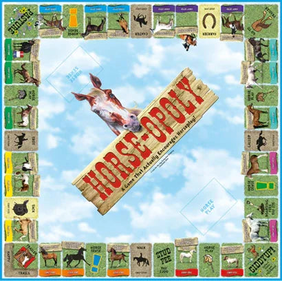 Overhead view of Horse Opoly board with cards, money, and spaces in Ireland