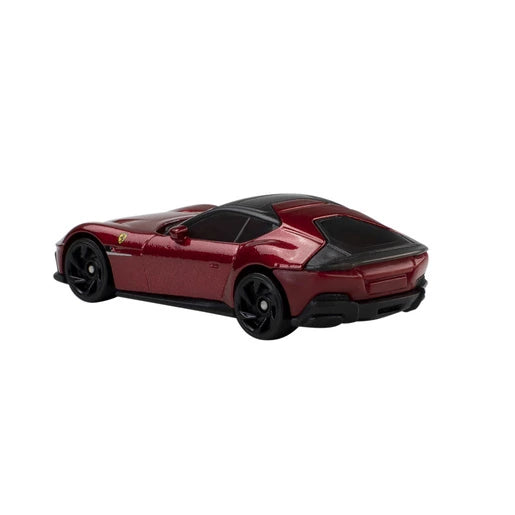 Hot Wheels Ferrari dark red sports car showing black rear window and black wheels