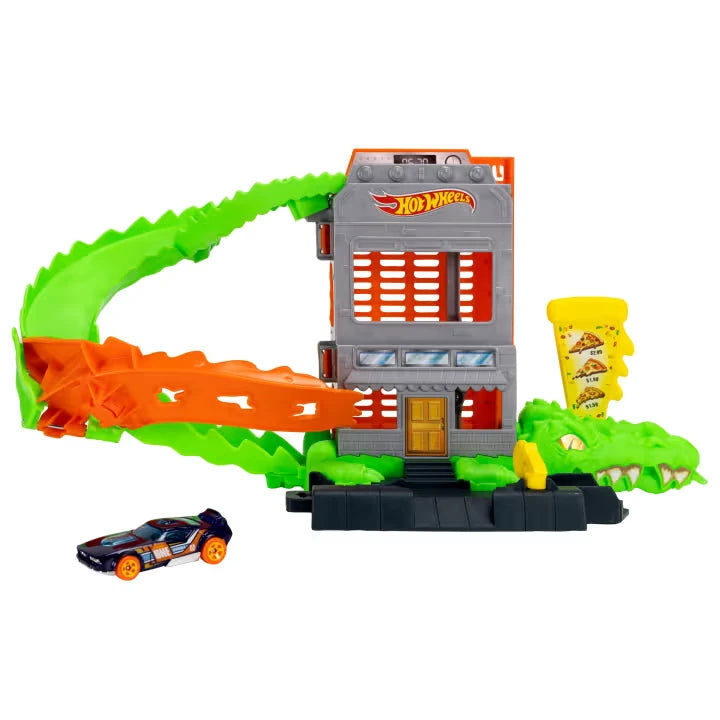 Front view of the Hot Wheels City Croc Pizza Attack playset with crocodile jaws and included car