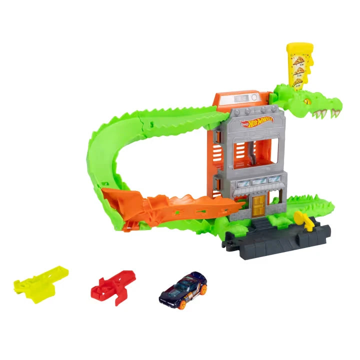Angled view of the Hot Wheels City Croc Pizza Attack playset showing the pizza lift and orange track
