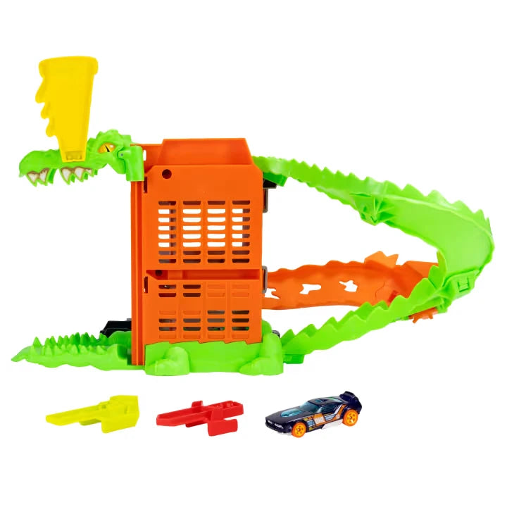 Rear view of the Hot Wheels City Croc Pizza Attack playset with looped track, car and adapters