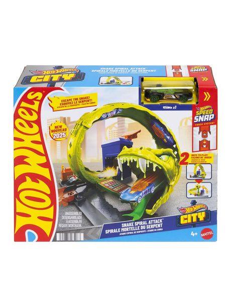 Hot Wheels City Snake Spiral Attack Playset retail box with giant snake loop and car visible in Ireland.