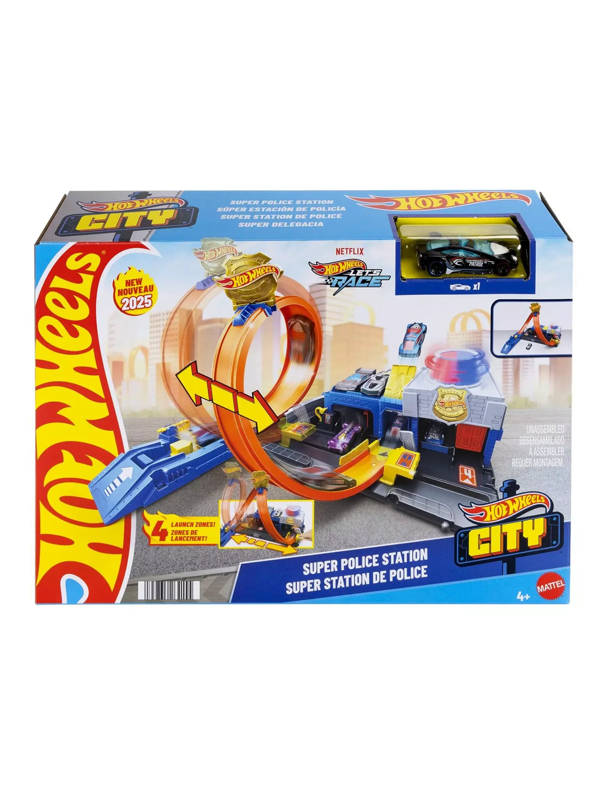 Hot Wheels City Super Police Station Playset boxed showing track layout, police car, and launcher.
