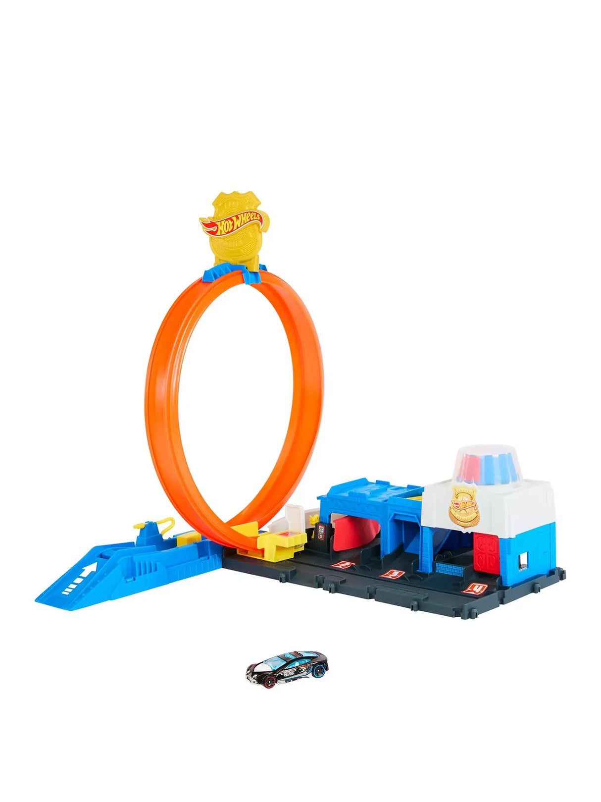 Hot Wheels City Super Police Station Playset with orange loop track, launcher, and blue police car.