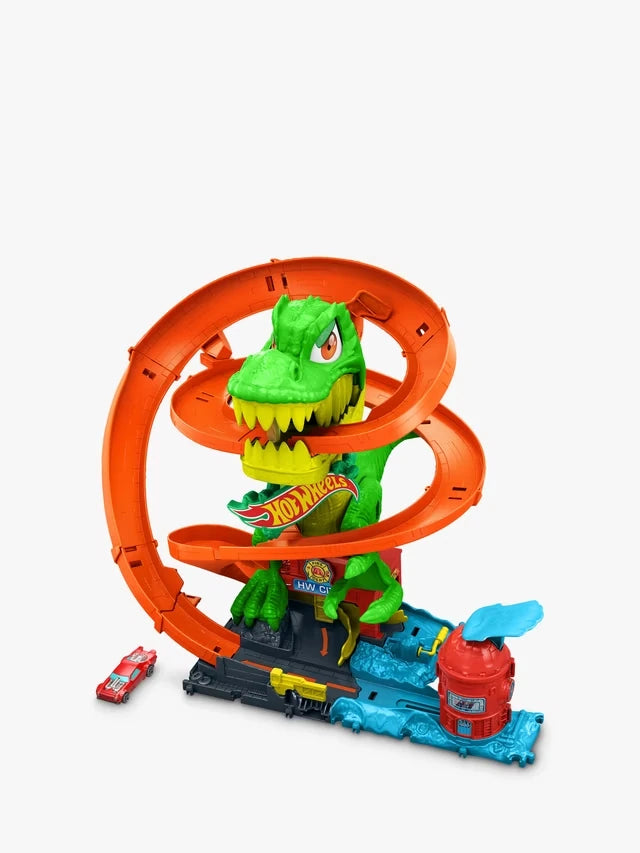 Hot Wheels City T-Rex Fire Station full track set with green T-Rex, orange spiral track, fire station and included Hot Wheels firetruck
