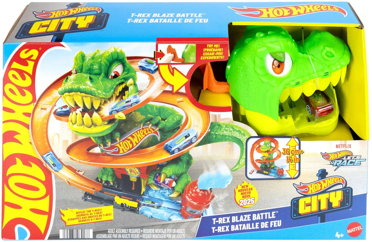 Hot Wheels City T-Rex Fire Station retail packaging showing the green T-Rex, orange track and T-Rex Blaze Battle artwork