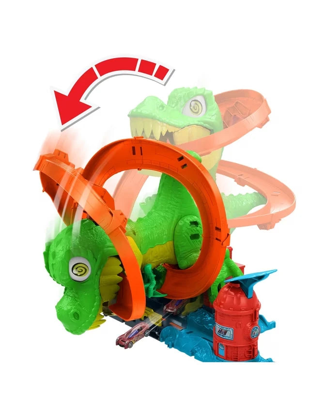 Hot Wheels City T-Rex Fire Station showing the T-Rex collapse action with orange track and included Hot Wheels car