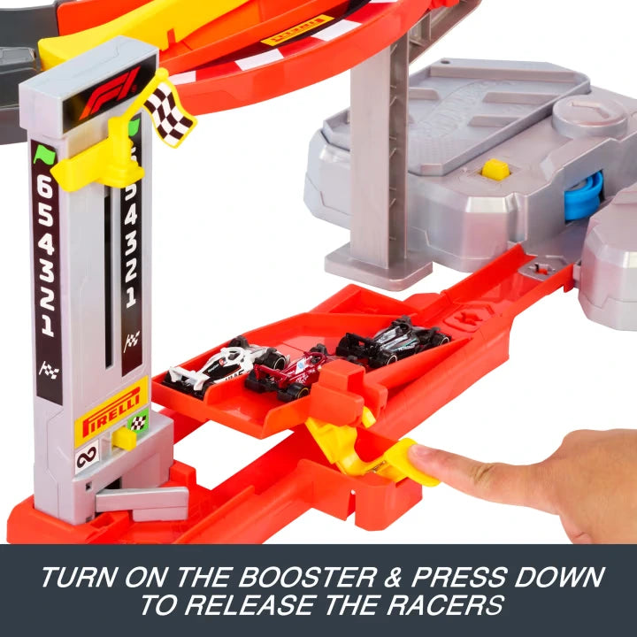Close-up of three Formula 1 cars in white, red and black on the Hot Wheels starting grid, with a hand pressing the yellow release lever beside the six lap counter and motorised booster.