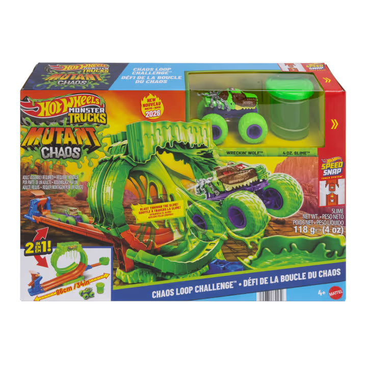 Hot Wheels Monster Trucks Mutant Chaos Loop Challenge product box with the track set, monster truck and slime container visible through the front window.