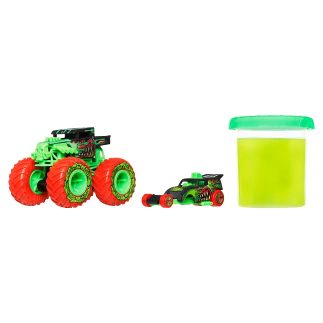 Hot Wheels Monster Trucks Mutant Chaos green truck, small car and tub of green slime