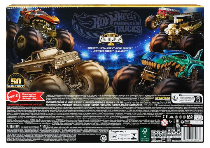 Hot Wheels Monster Trucks Trophy Champions box back with Bigfoot 50th anniversary artwork and featured Monster Trucks