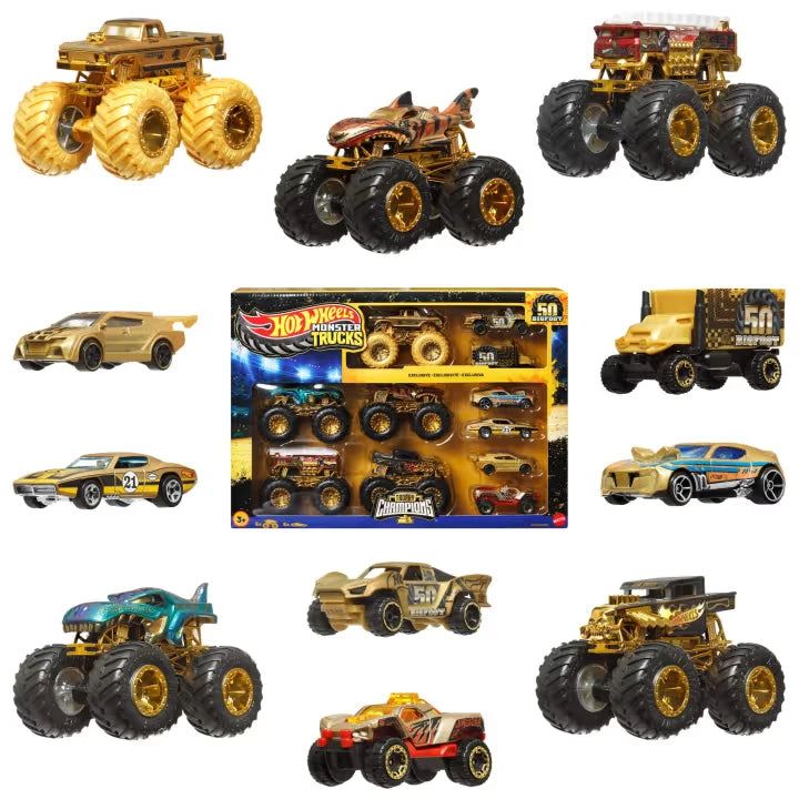 Hot Wheels Monster Trucks Trophy Champions Collection with five Monster Trucks, six cars and anniversary retail box