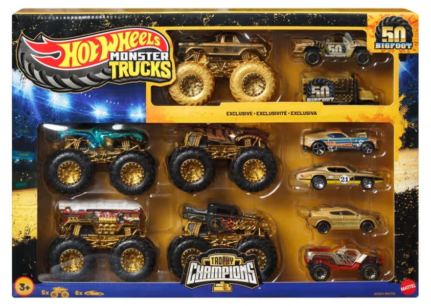 Hot Wheels Monster Trucks Trophy Champions retail packaging showing the five Monster Trucks and six cars inside the box