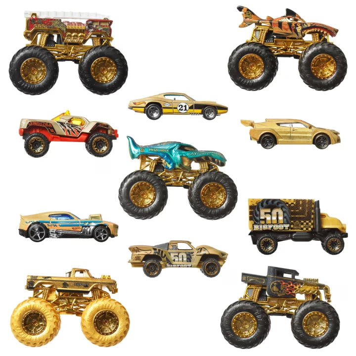 Hot Wheels Monster Trucks Trophy Champions side profile lineup with five Monster Trucks and six 1:64 scale cars