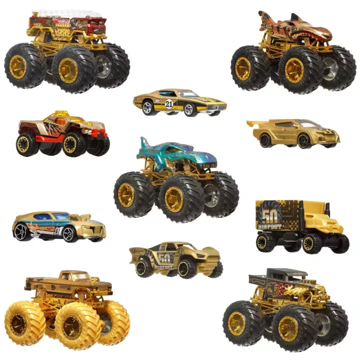 Hot Wheels Monster Trucks Trophy Champions Collection with five Monster Trucks and six diecast cars arranged on a white background